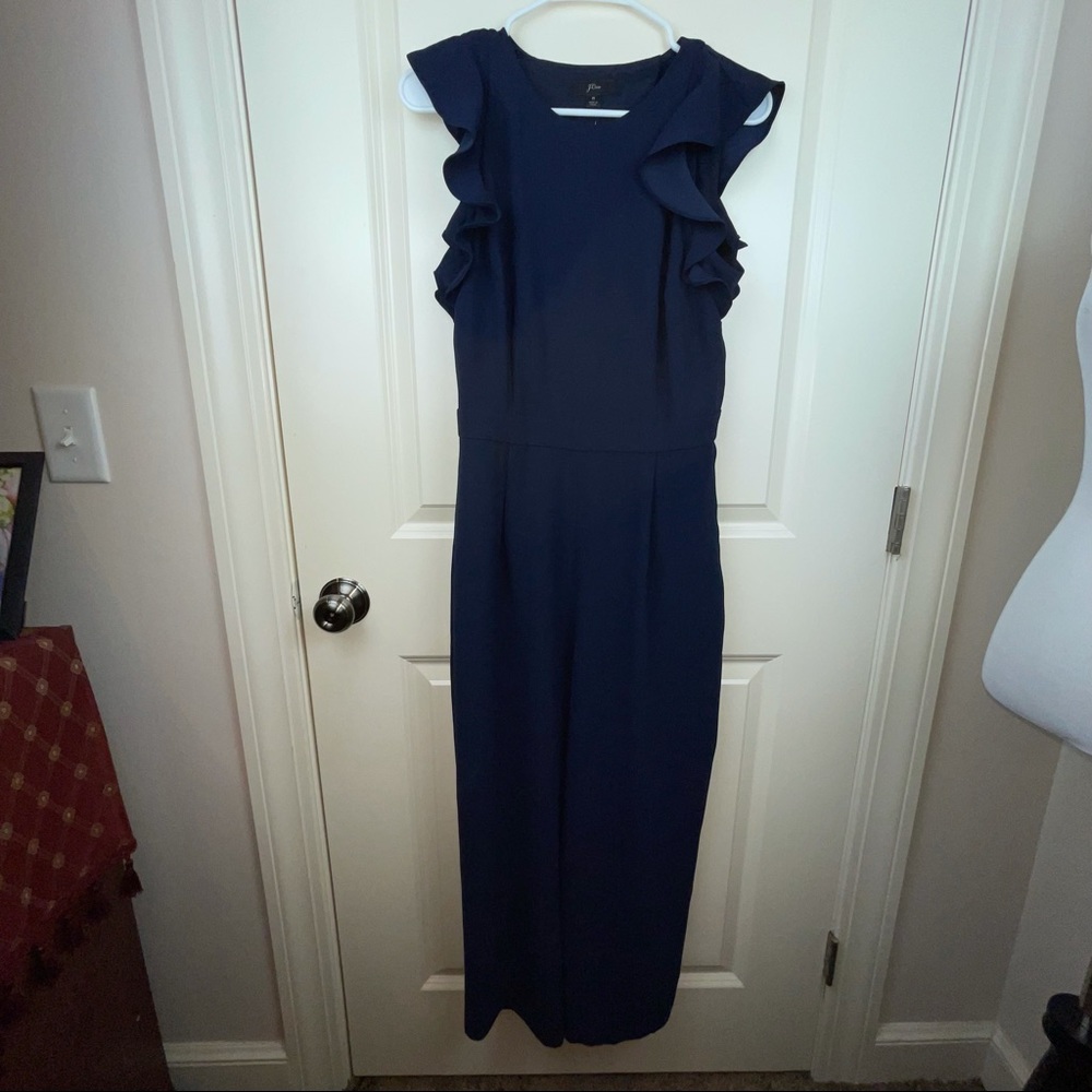 NEW J Crew Ruffle Sleeve Navy Wide Leg Jumpsuit - Picture 3 of 14